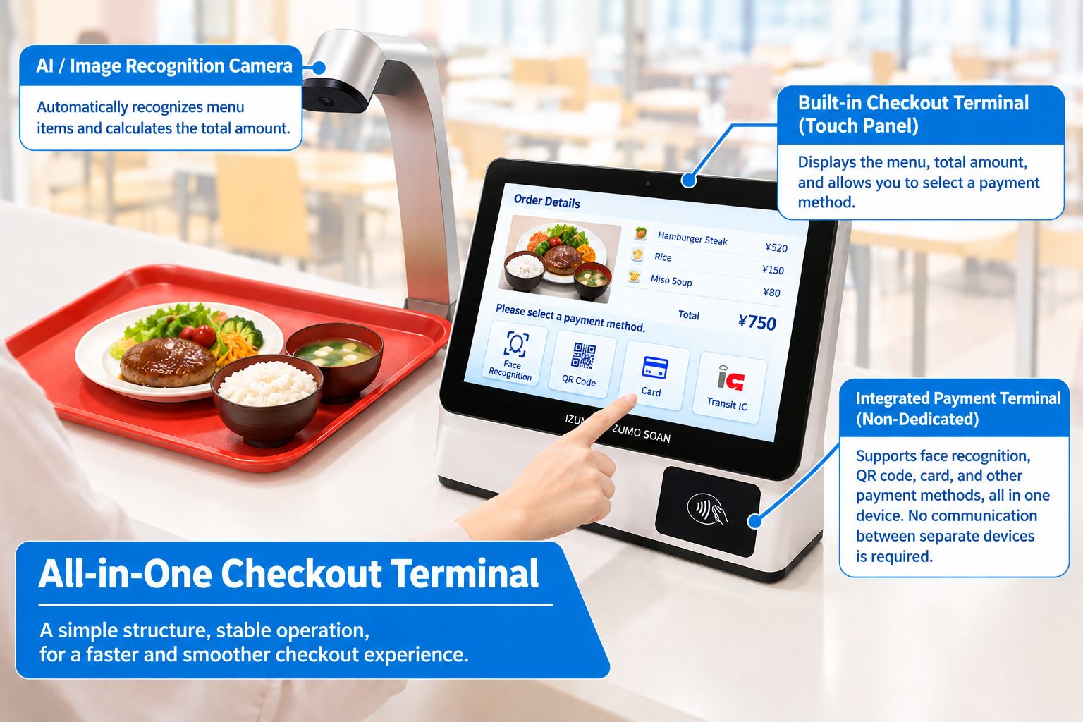 Three payment methods built into the integrated auto-register: a diagram of face-recognition, QR-code, and card payments