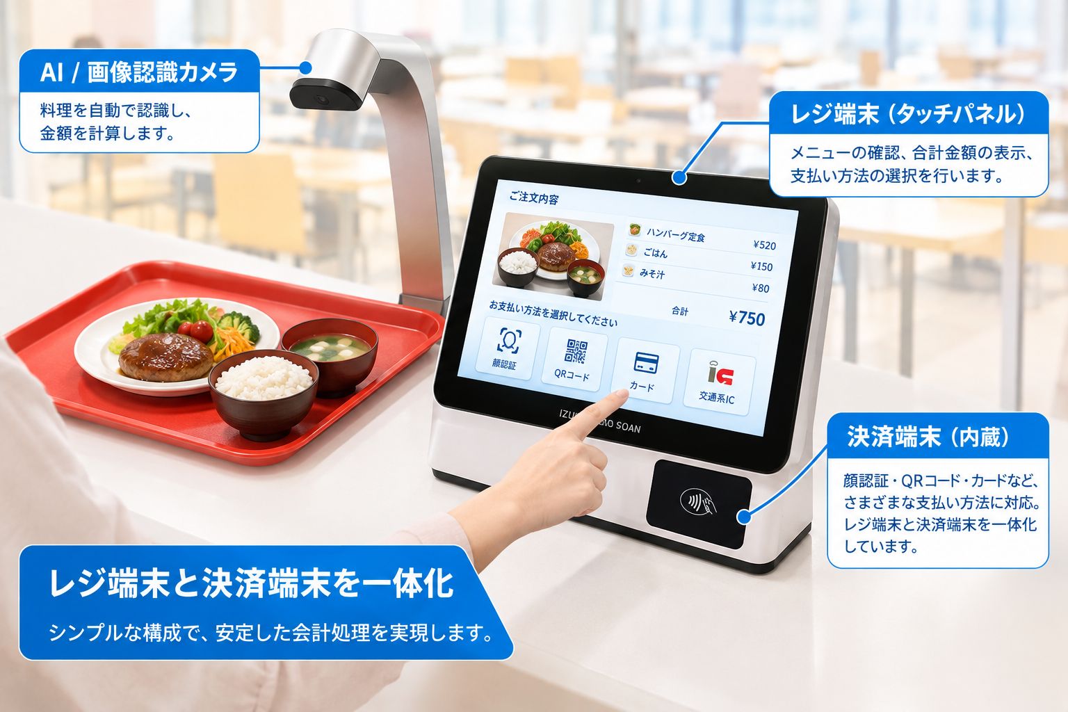 一体型オートレジに内蔵された3種類の支払い方法：顔認証・QRコード・カード決済の仕組み図