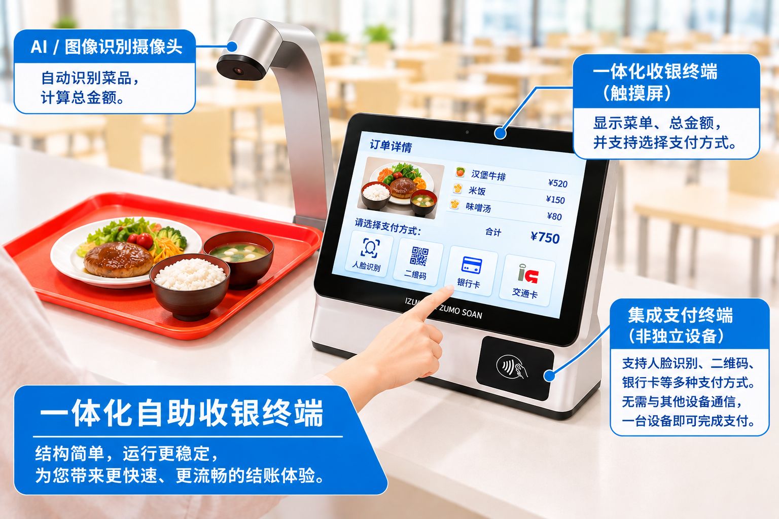 一体化自动结算机内置的三种支付方式:人脸识别·二维码·刷卡支付的机制图