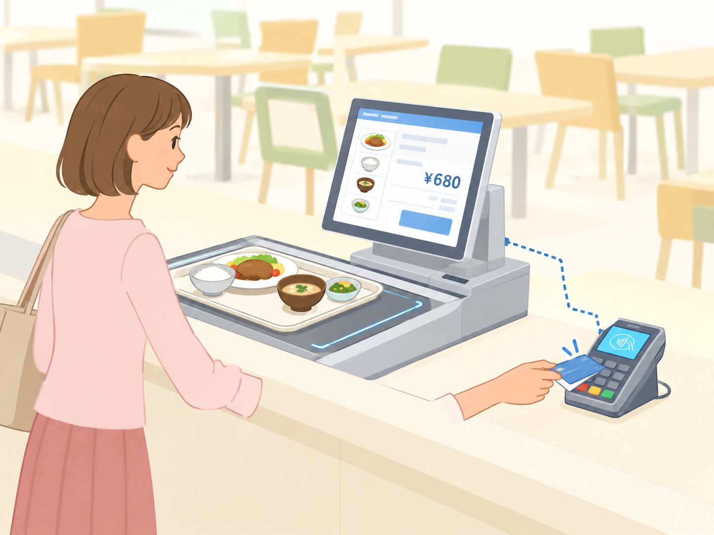 Standard auto-register configuration diagram: the dish-recognition unit, register POS, linking PC, and payment terminal communicate and connect to an external payment-company server