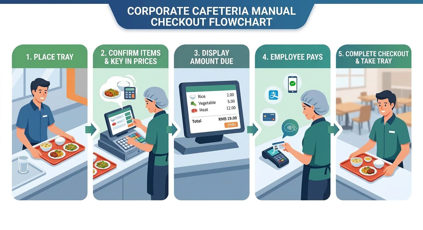 Five-step standard auto-register checkout flow (1. Place tray 2. Identify dishes and calculate amount with RFID/AI 3. Display total and link to PC 4. Pay at payment terminal and link result 5. Receive tray)