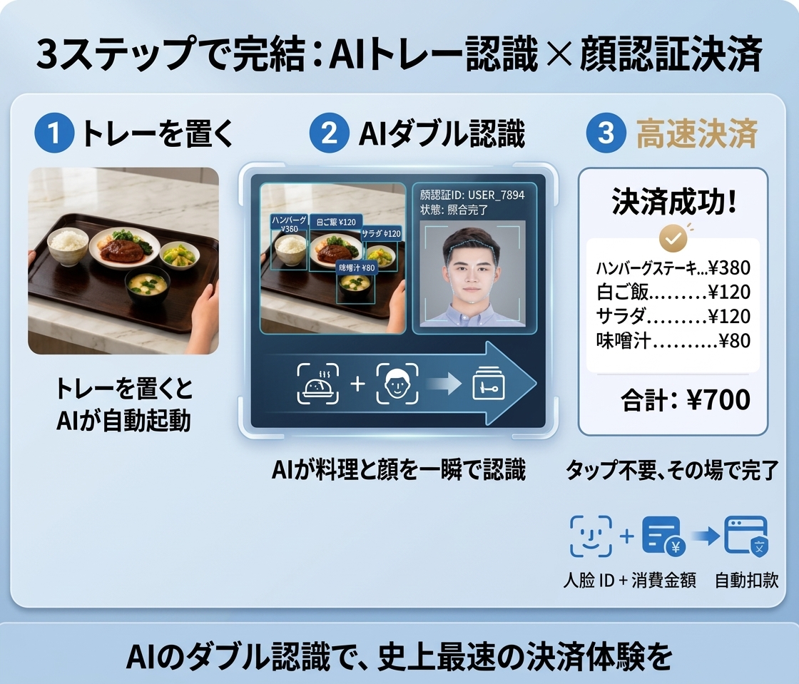 料理のAI認証と顔認証を同時処理して3秒で決済完了する様子