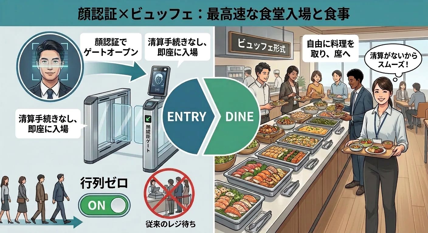 顔認証×ビュッフェ：顔認証ゲートで入場（ENTRY）し、清算手続きなしでそのまま食事（DINE）へ。行列ゼロで従来のレジ待ちが不要になる仕組み図