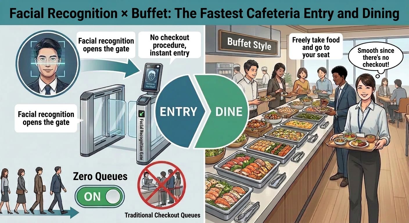 Face recognition × buffet: a diagram of entering (ENTRY) through a face-recognition gate and going straight to dining (DINE) with no checkout procedure — showing how conventional register waits become unnecessary with zero queues