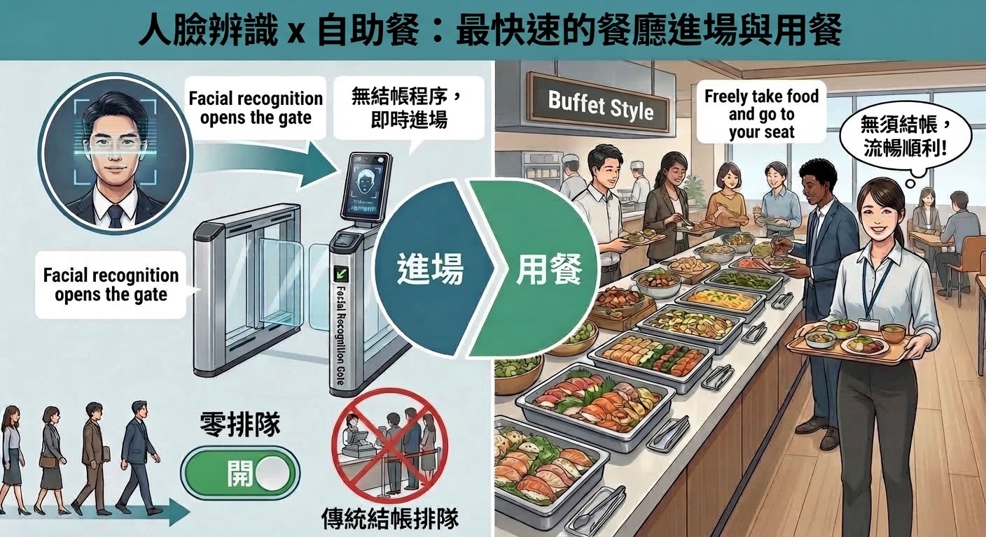 人脸识别×自助餐：通过人脸识别闸机进场（ENTRY）后无需结算手续直接用餐（DINE）的原理图，展示排队归零、无需传统收银等待的机制