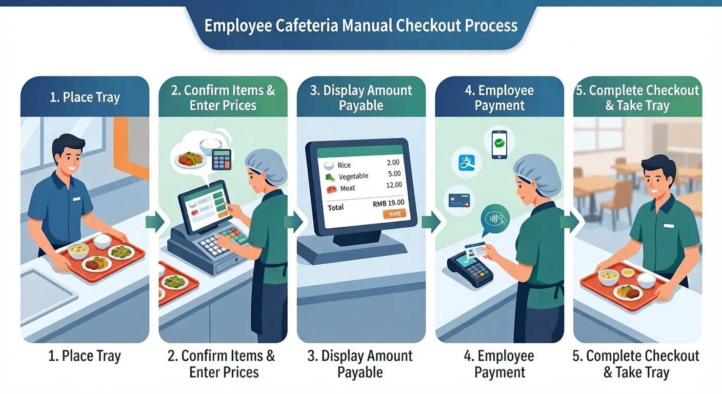 Five-step manned-register checkout flow (1. Place tray 2. Check dishes and enter amounts 3. Display total 4. Pay 5. Receive tray)