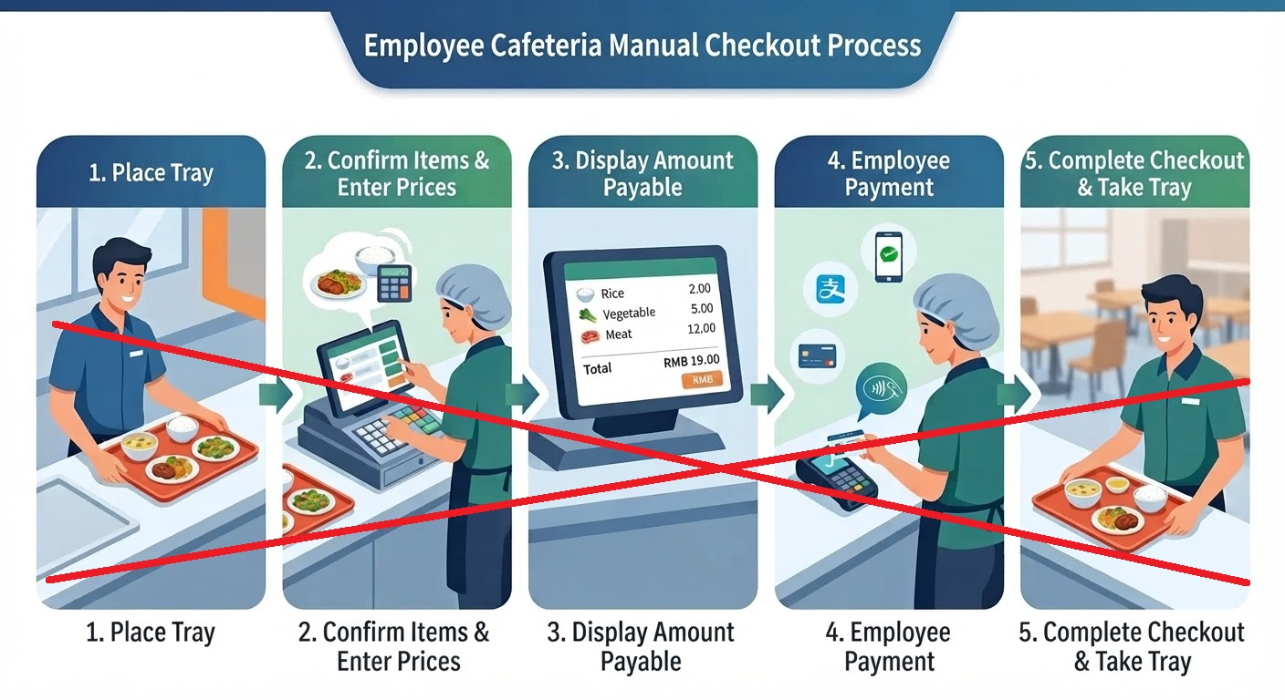 A diagram of the staffed-counter checkout steps at a company cafeteria (1. place the tray, 2. confirm menu and enter price, 3. show the amount due, 4. staff-handled payment, 5. payment complete and pick up the tray) marked with a red X, showing that the ultimate method makes these five steps entirely unnecessary