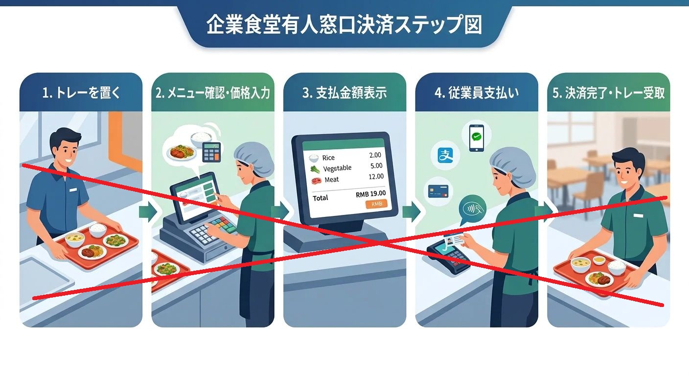 企業食堂の有人窓口決済ステップ図（1.トレーを置く 2.メニュー確認・価格入力 3.支払金額表示 4.従業員支払い 5.決済完了・トレー受取）に赤い×印。究極方式ではこの5ステップを完全に不要にすることを示す図