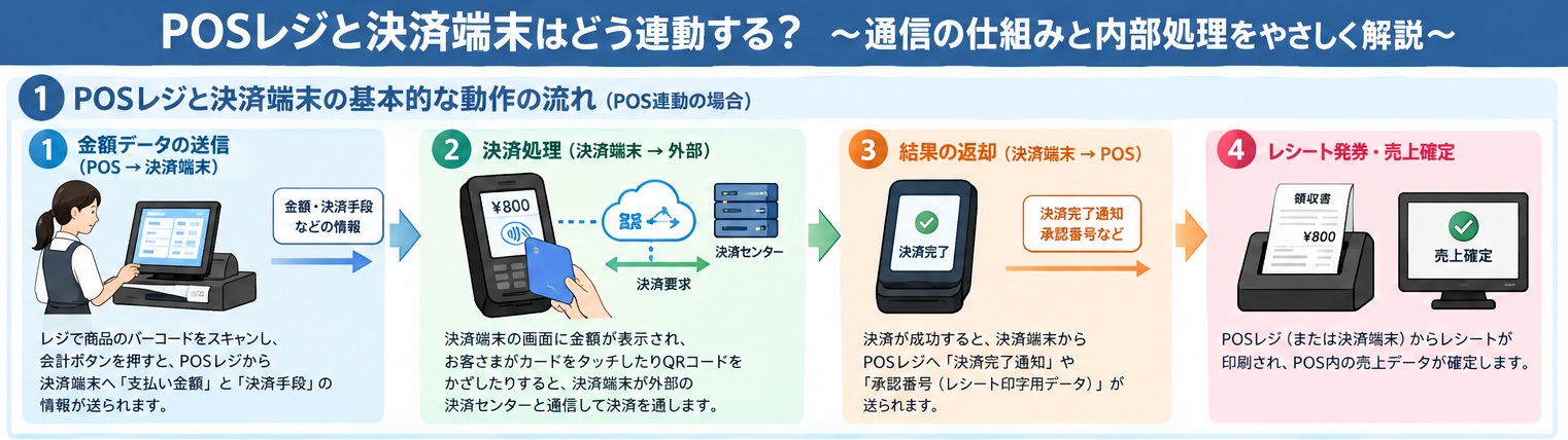 POSレジと決済端末の通信フロー：会計金額の送信、決済サービスとの通信・承認、決済結果のレジへの返却という連携の仕組み図