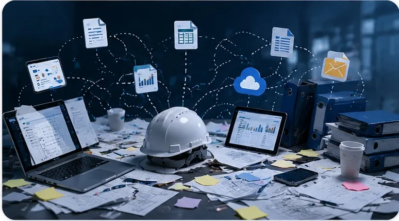 Field information scattered across whiteboards, phones, drawings, and meeting screens