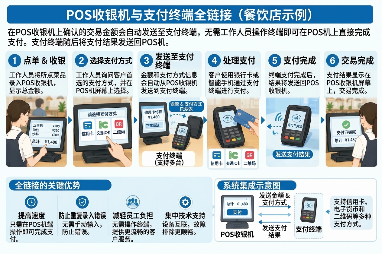 完全联动类型：以POS收银机的操作为起点、与支付终端联动进行支付方式的示意图