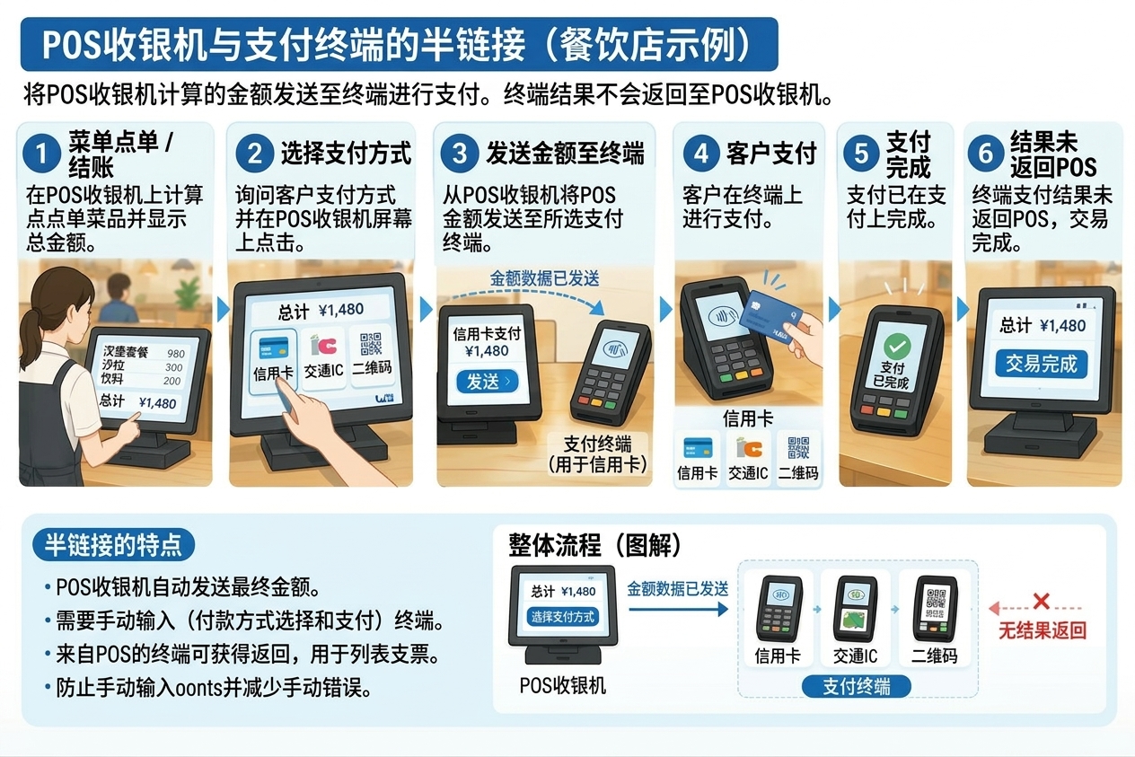 半联动类型：将金额数据联动至支付终端并在终端一侧操作方式的示意图