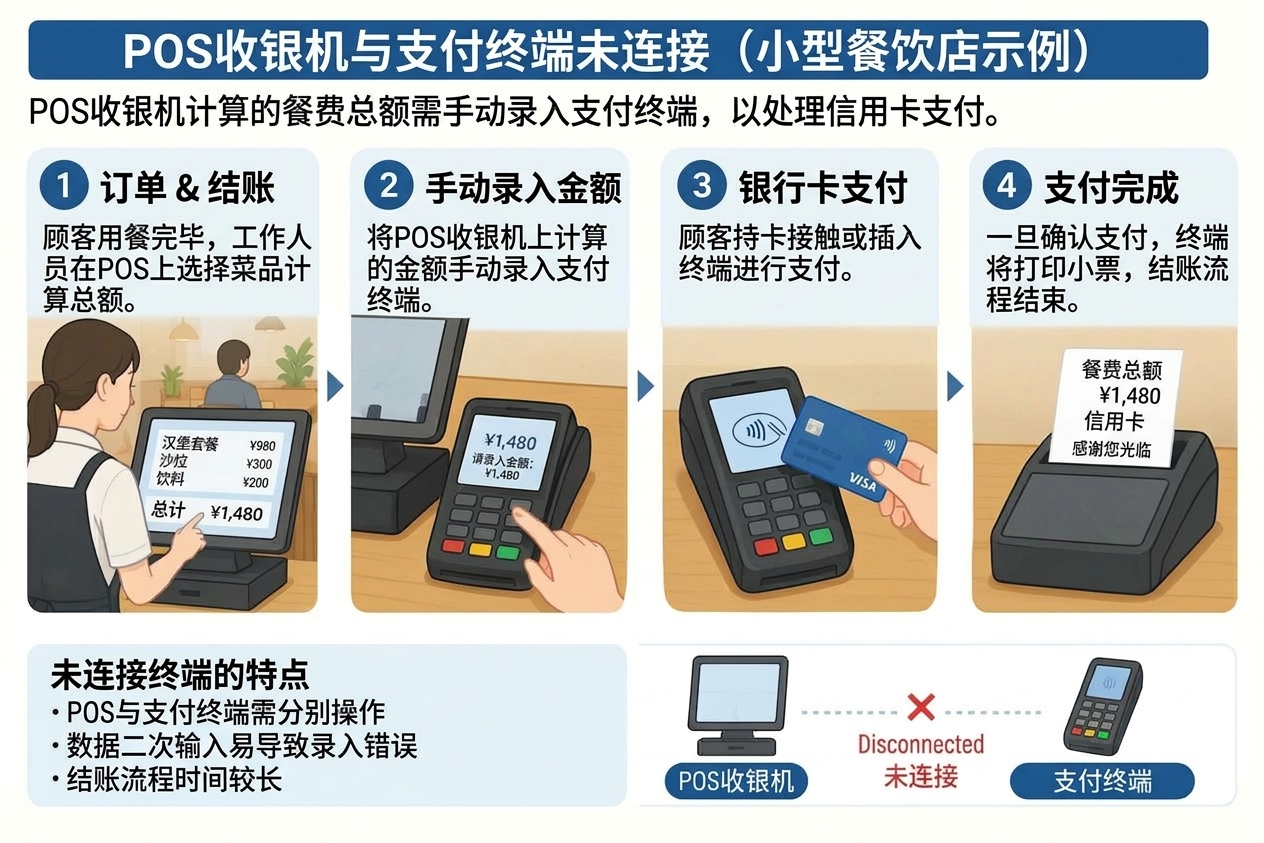 非联动类型：在POS收银机与支付终端分别输入金额方式的示意图