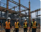 Engineers discussing drawings and safety items at a construction site