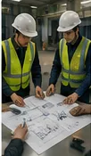 Engineer reviewing construction drawings on site